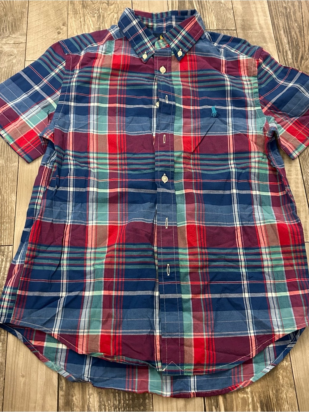 Ralph Lauren Red, Blue & Green Plaid Short-Sleeve Button-Down Shirt